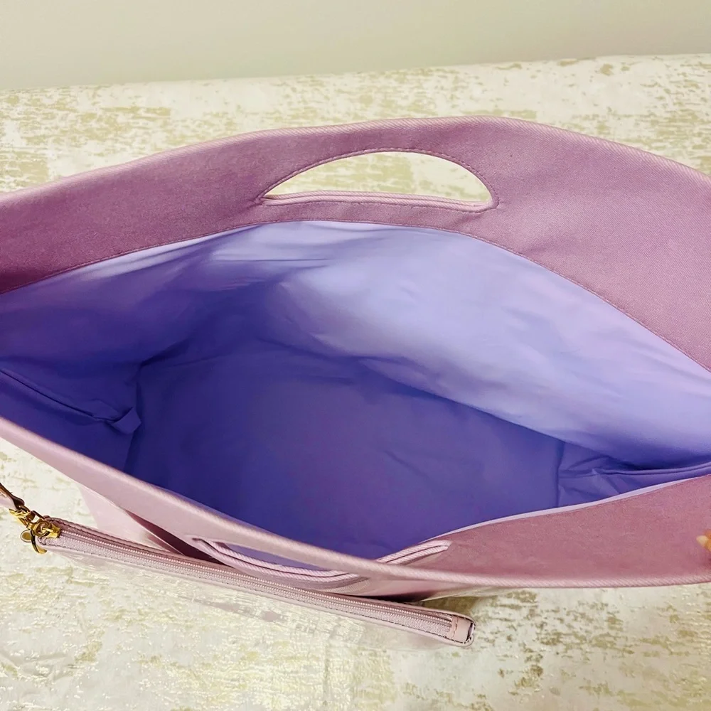 Women’s Pastel Pink Purple Two-Tone Tote with Cosmetic Bag Pouch Patent Leather